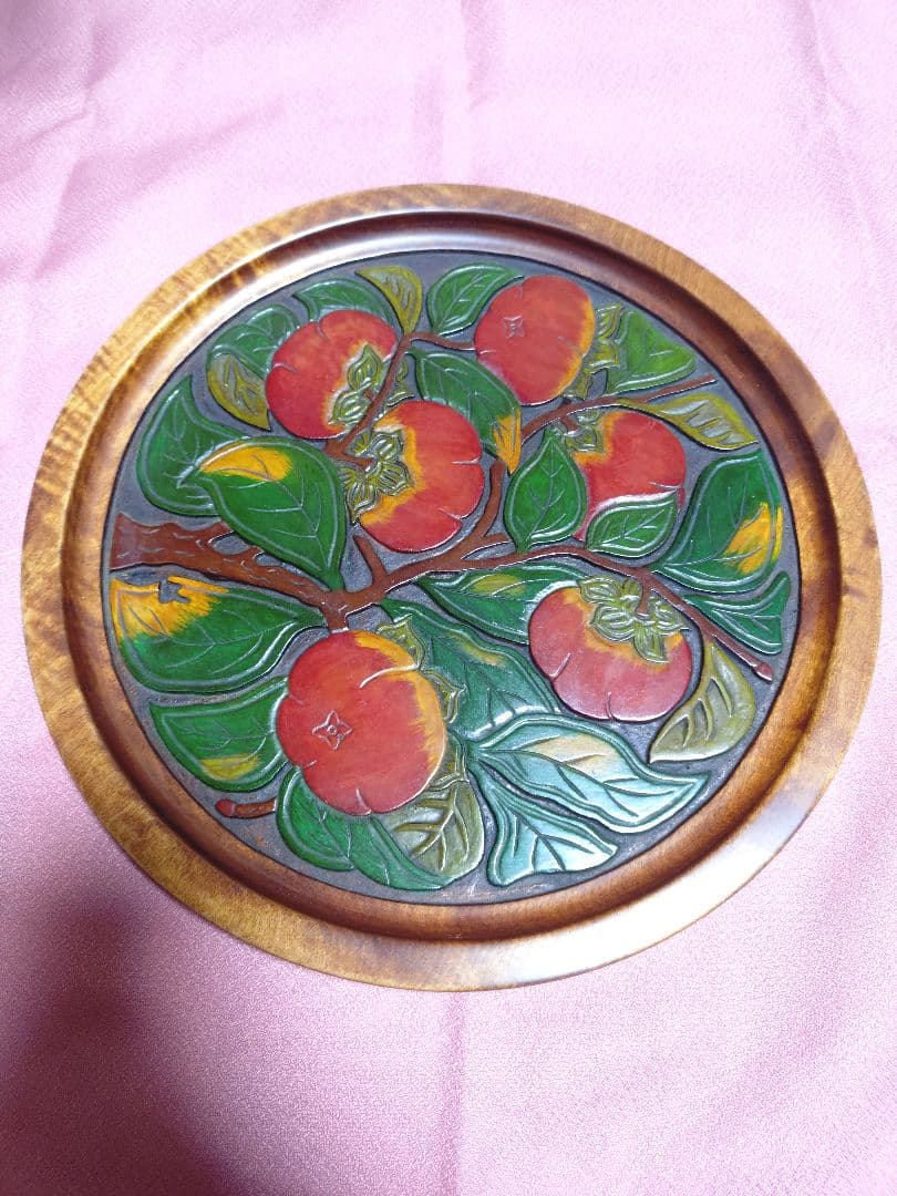 讃岐 盆 柿の木 漆 彩色 黄金楠木 彫刻 在銘 アンティーク 工芸品 置物