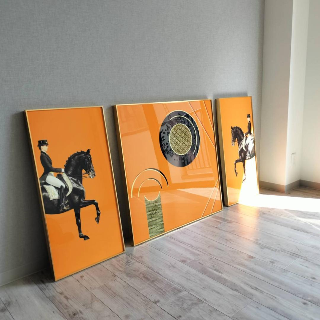エルメス風絵オレンジ騎手馬と騎手のグラフィックアート3点セット