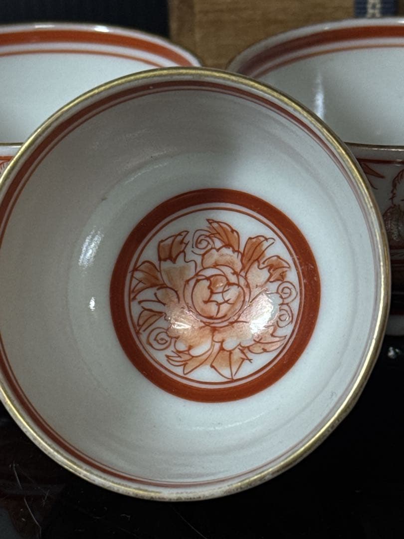 江戸期 湖東焼 赤絵金蘭手 窓絵人物図 煎茶碗 5客茶道具