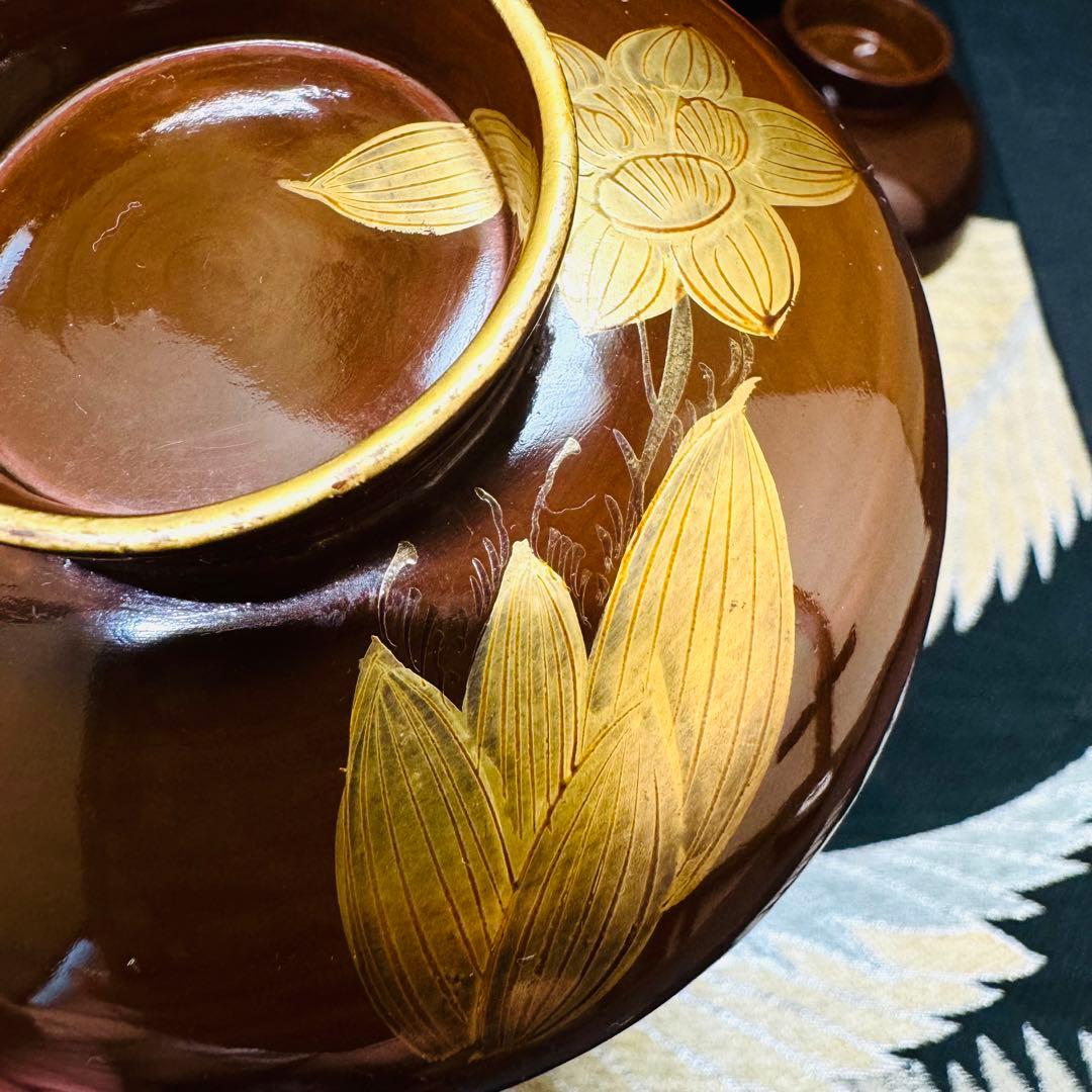 漆器　輪島塗　蒔絵　沈金木製　蓋付椀　お煮物椀　吸物椀　5客　骨董品