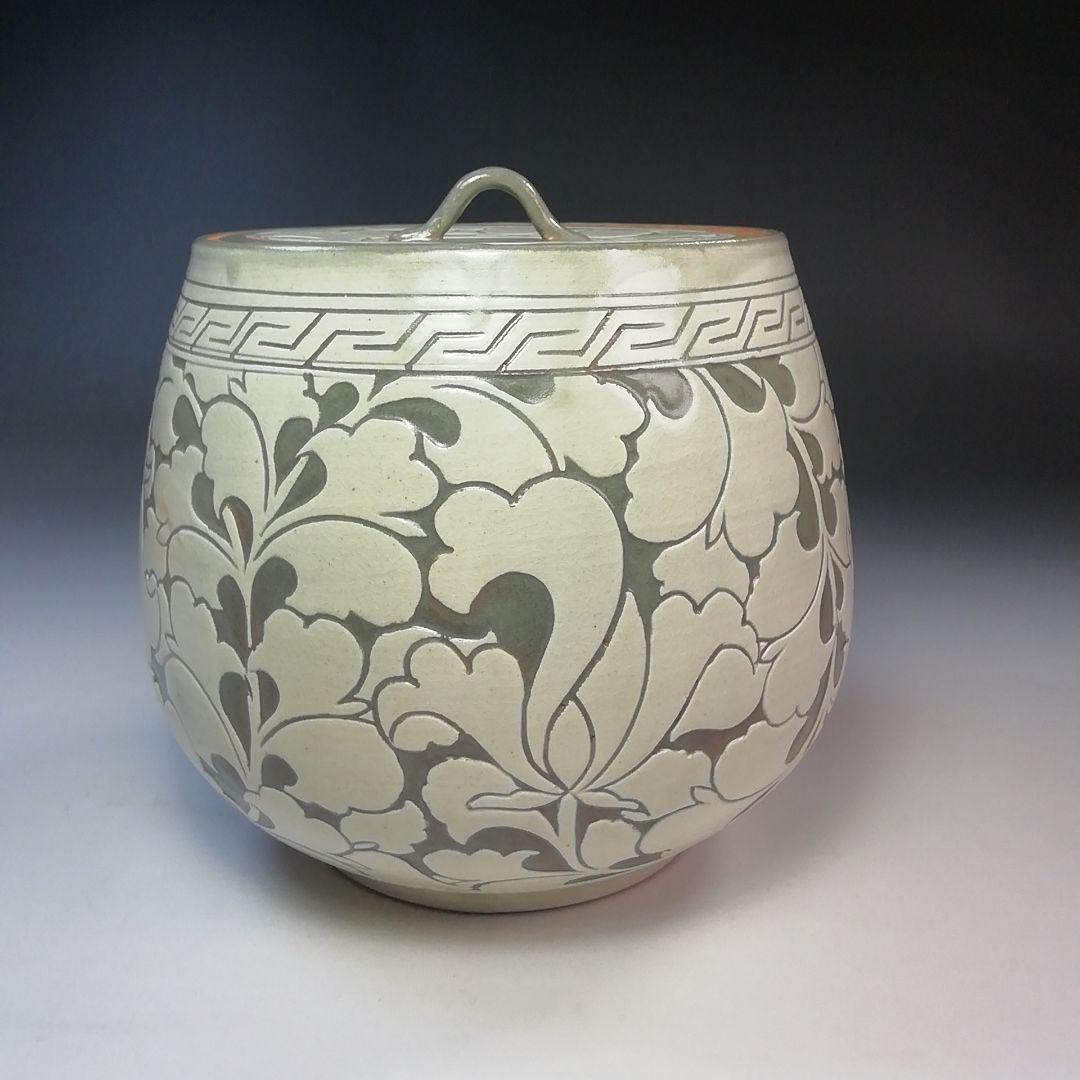 Ｓ７８１　水指　『唐草　中葉』『黃仁哲』　共箱　茶道具