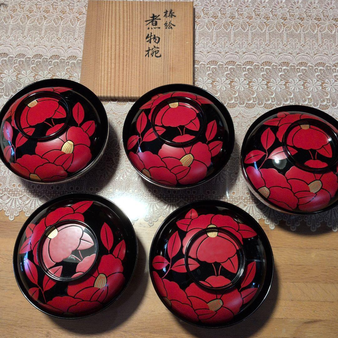 象彦製　煮物椀 5客椿蒔絵