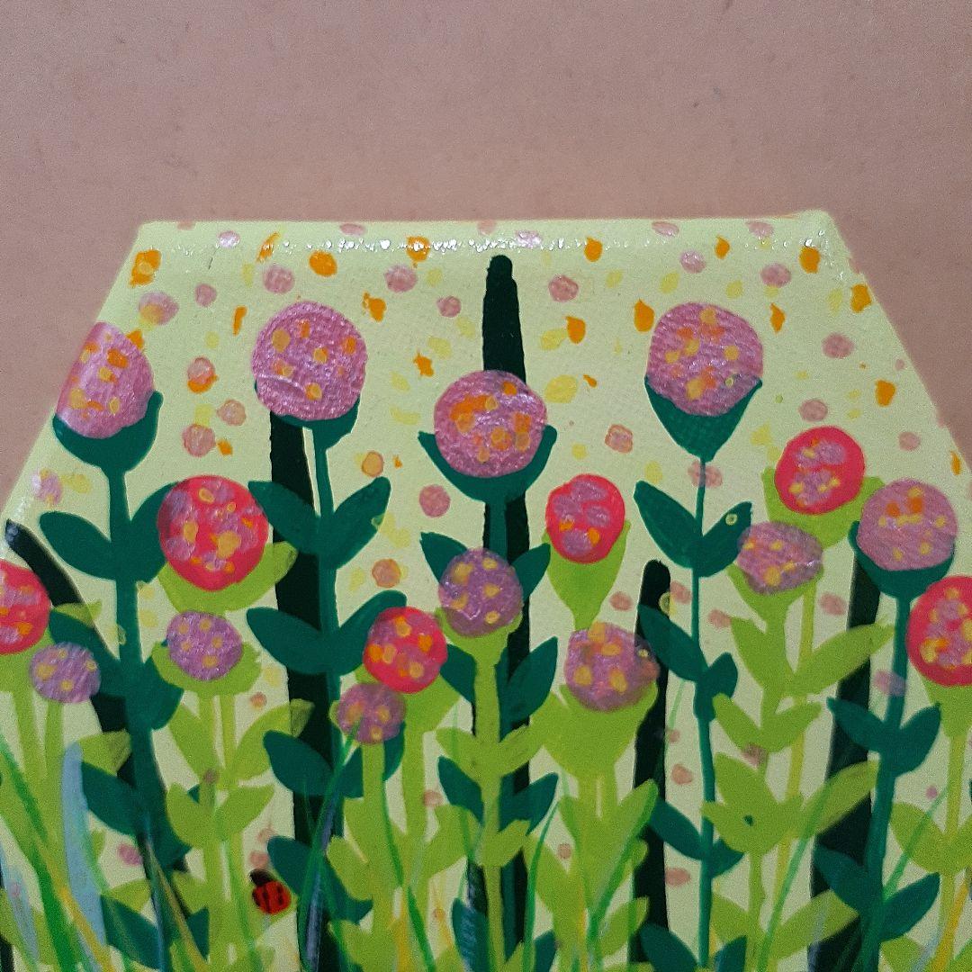 画家　小楠アキコ　ピンクのクローバー　15×15cm　六角形キャンバス　額付き