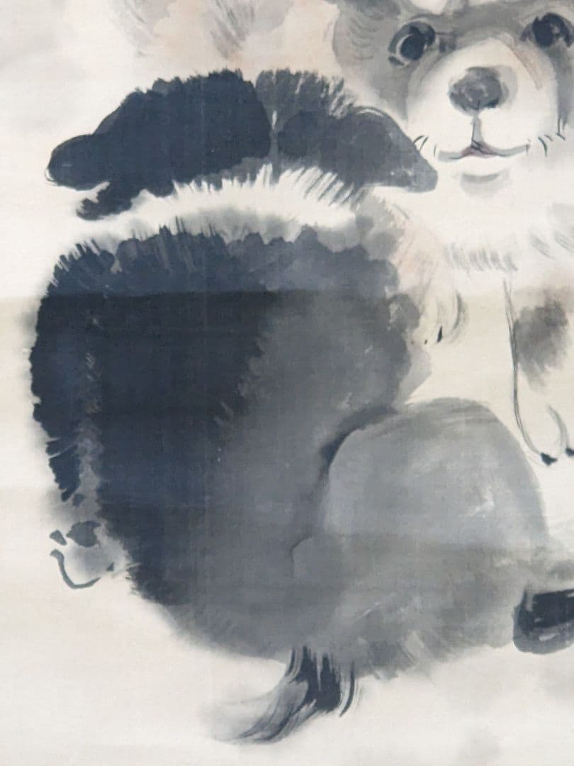 ♦犬と椿図 絹本水墨画 墨彩画 掛け軸？円山派 明治時代 鹿角古美術骨董品