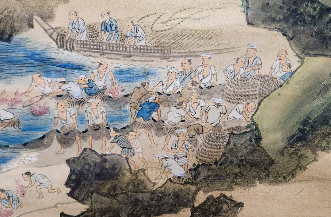 鯛大漁図】塩川文麟 987 タイ網漁 掛け軸 肉筆