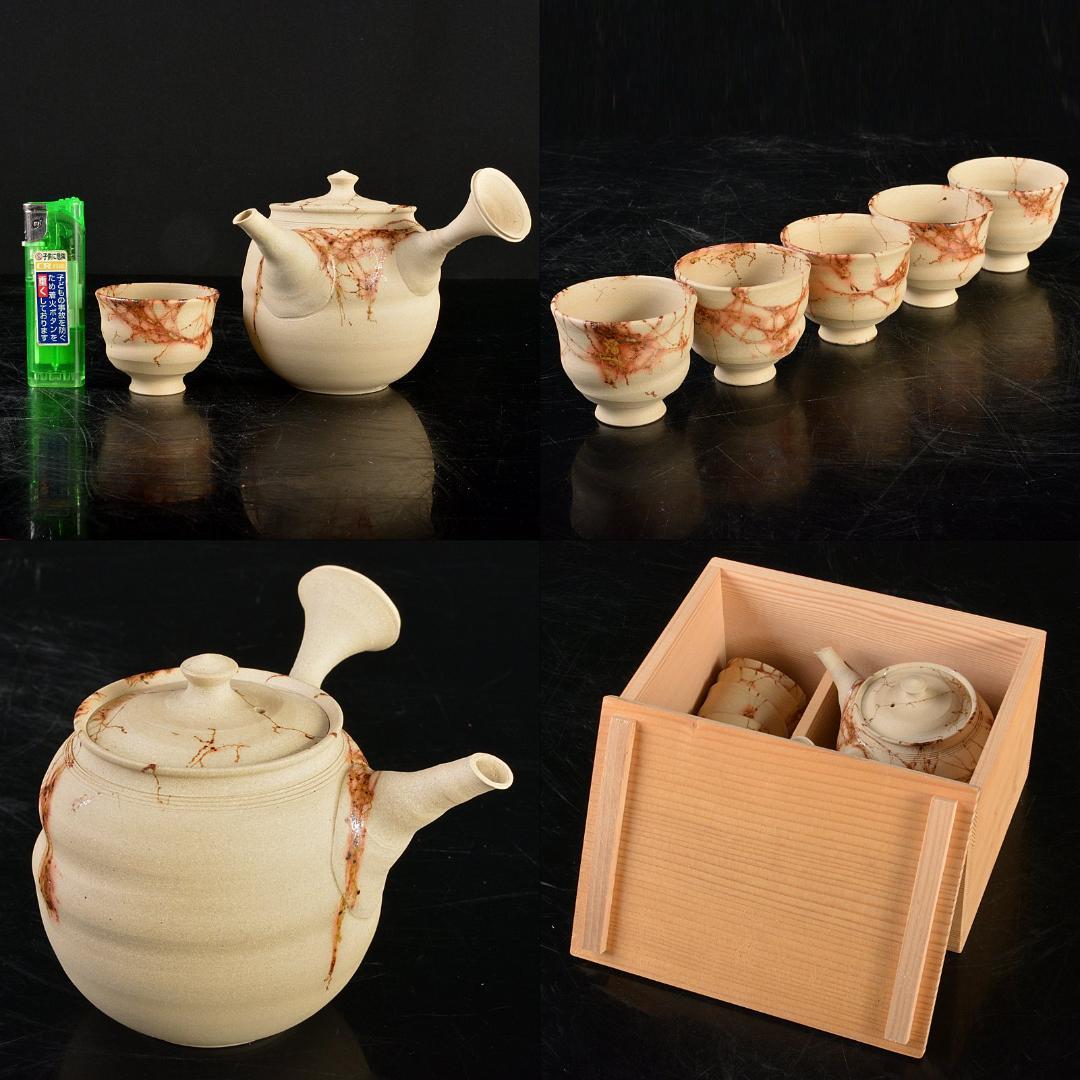 煎茶道具　常滑焼　谷川仁作　白泥藻掛　茶器　急須　茶碗　共箱　D　R5730