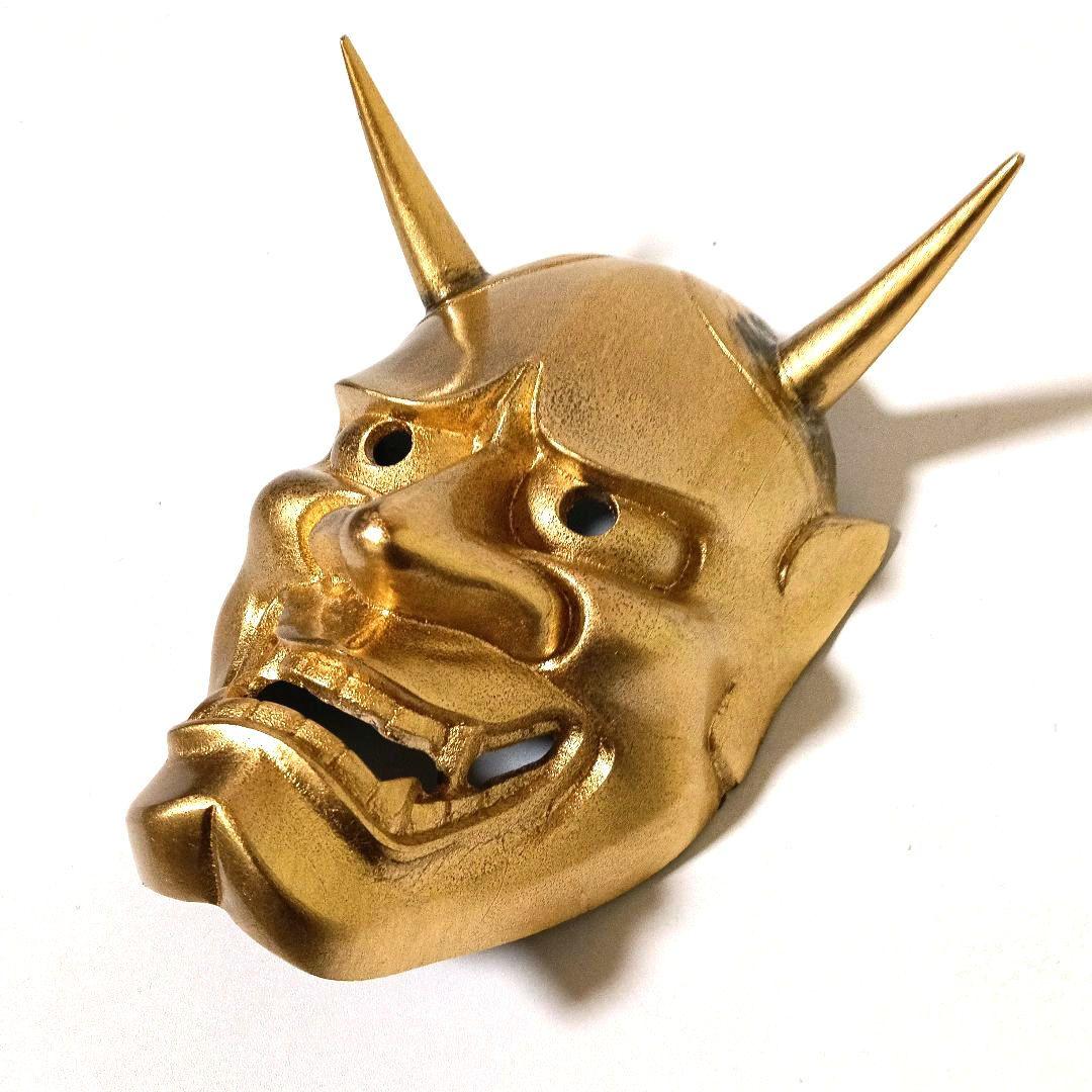 希少 黄金 般若面 金属製 ゴールド 銘有り 780g 壁掛け オブジェ