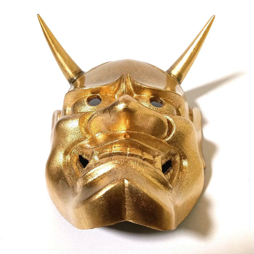 希少 黄金 般若面 金属製 ゴールド 銘有り 780g 壁掛け オブジェ