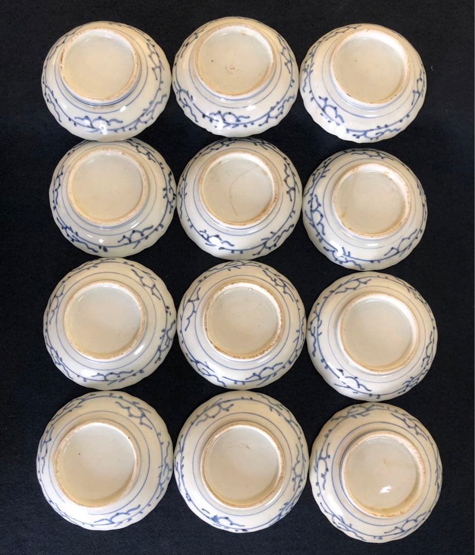 《レ》伊万里 染付 輪花 よろけ紋 小皿12客 木箱 251119え4