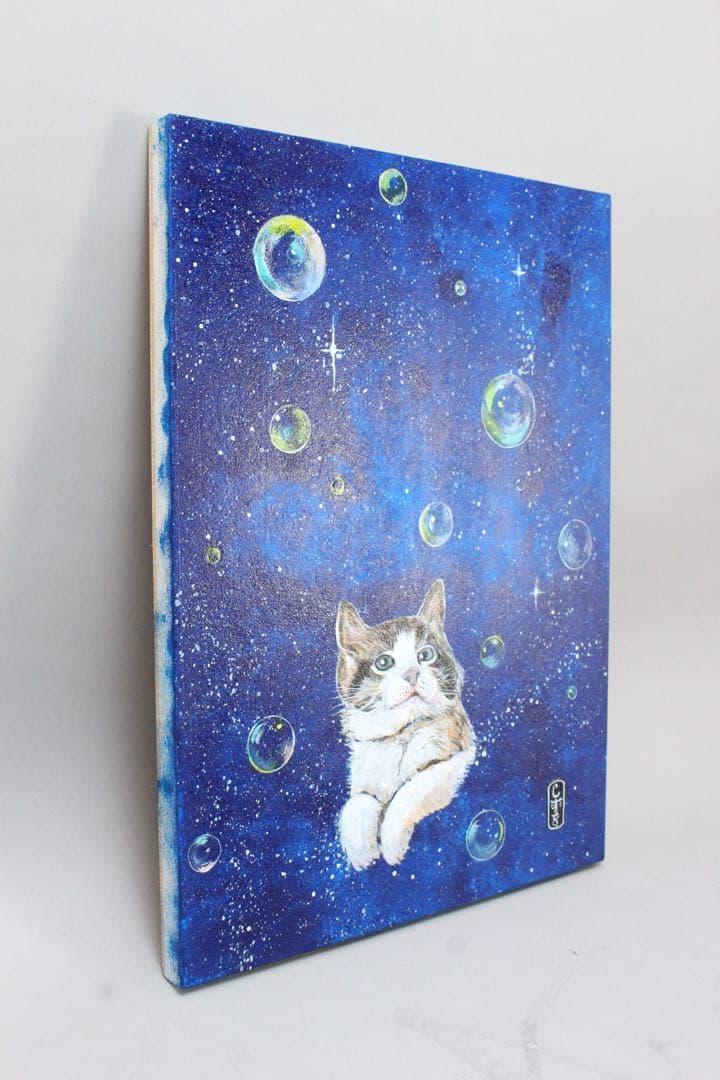 No5298 額装　深津静男　「ドリームキャット I」　油彩画4号　送料無料