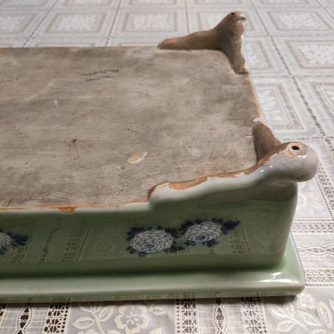 菊花紋様 脚付き長方形青磁水盤 盆栽鉢 陶磁器 美術品・アンティーク