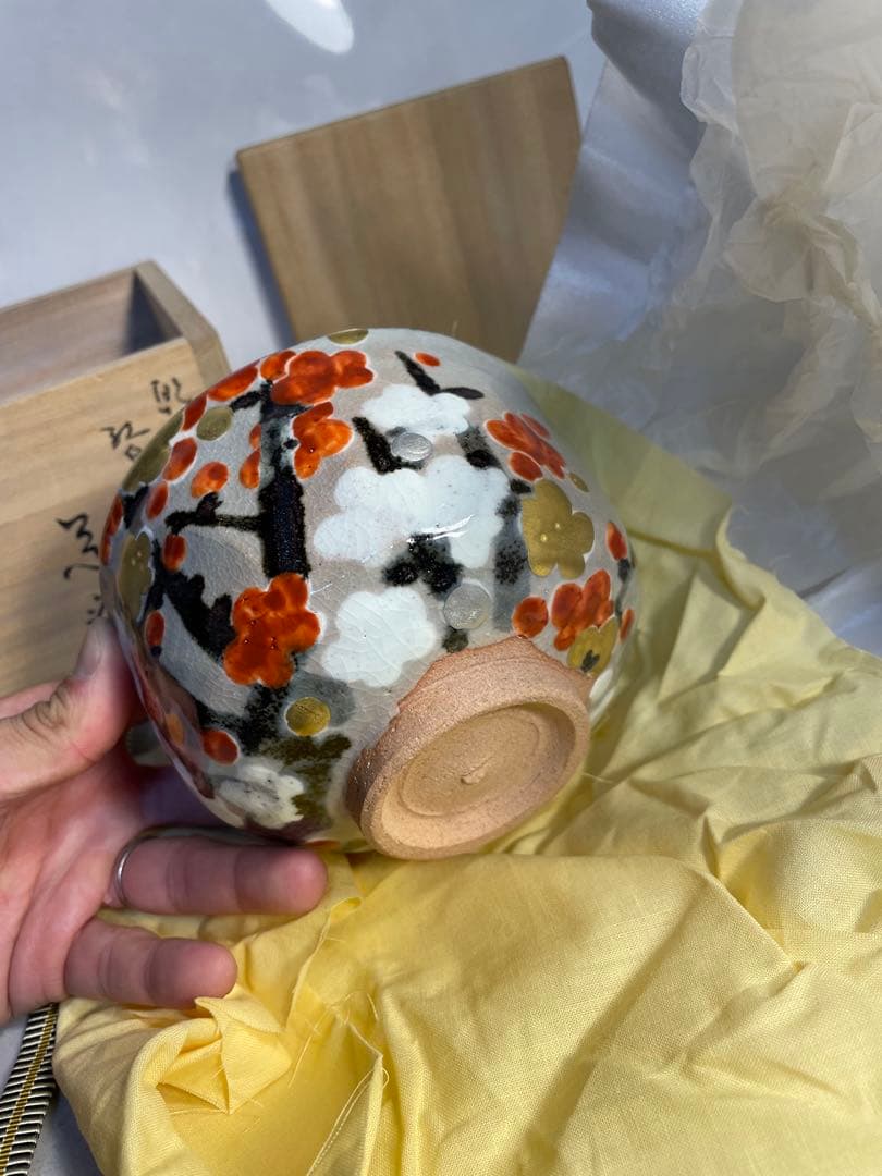 京焼 山川巌 作 乾山写し 色絵梅文 金彩 抹茶碗 共箱 茶道具