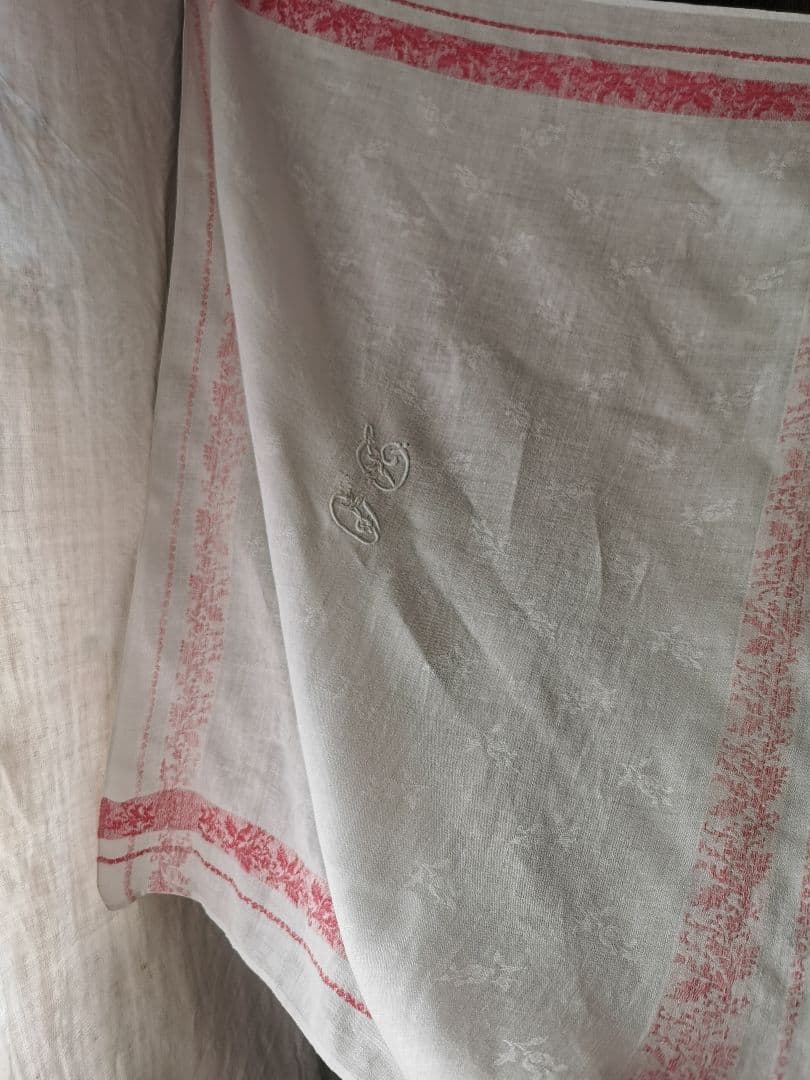 アンティークナポレオンⅢ世期 花織ダマスクリネン モノグラム手刺繍