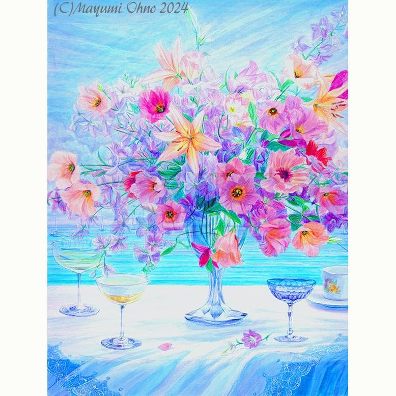 花　フラワー　水彩画　ブルー　ピンク　アートフラワー　青　フラワーアレンジメント