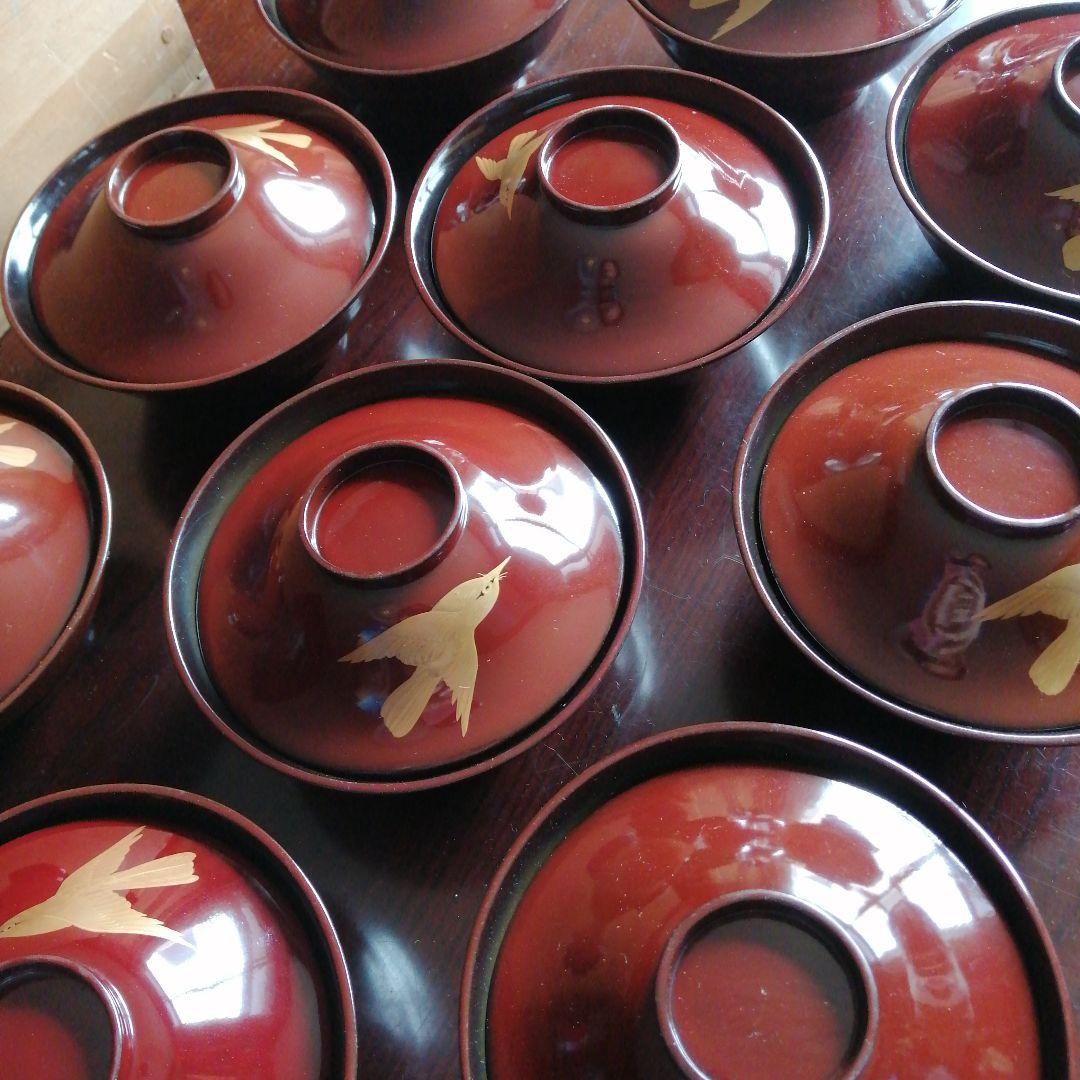 木製漆器　金彩飛鳥画蓋付椀　10客　13cm　大正～昭和初期　【椀中ヤケあり】