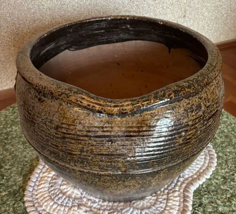 丹波焼　灰釉印花文甕　水差し花生け　骨董品アンティーク
