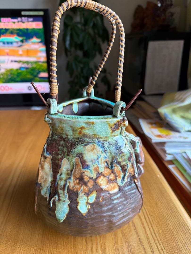 相馬焼？信楽焼？蟹　カニ装飾の陶器花瓶　置物　アンテリア