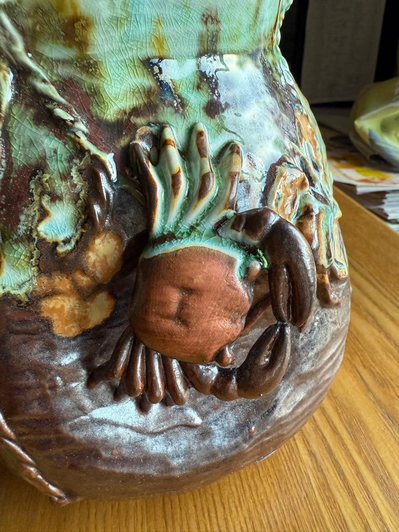 相馬焼？信楽焼？蟹 カニ装飾の陶器花瓶 置物 アンテリア