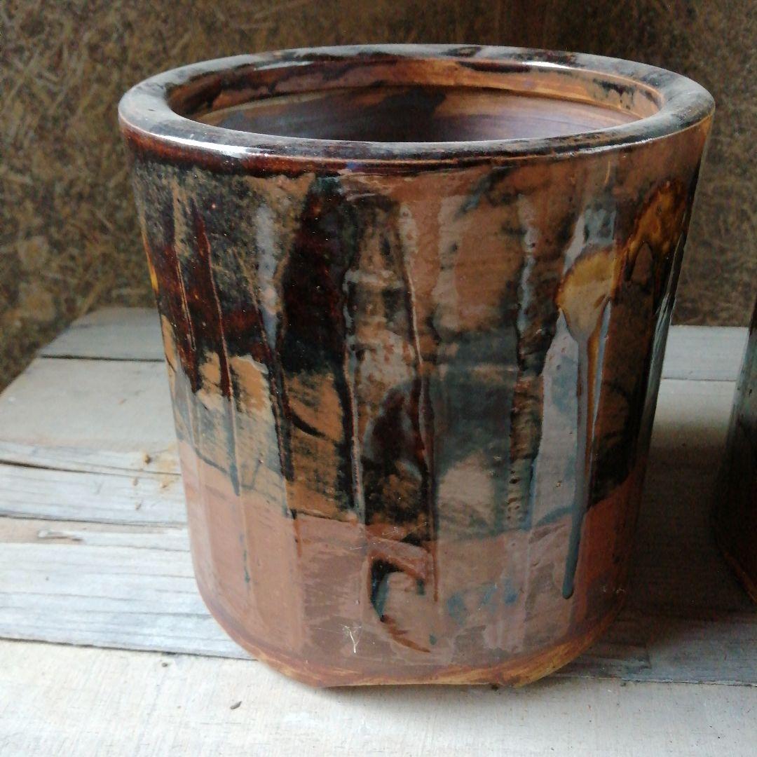 瀬戸焼 加藤作助 古瀬戸釉火鉢一対 21cm 大正～昭和中期