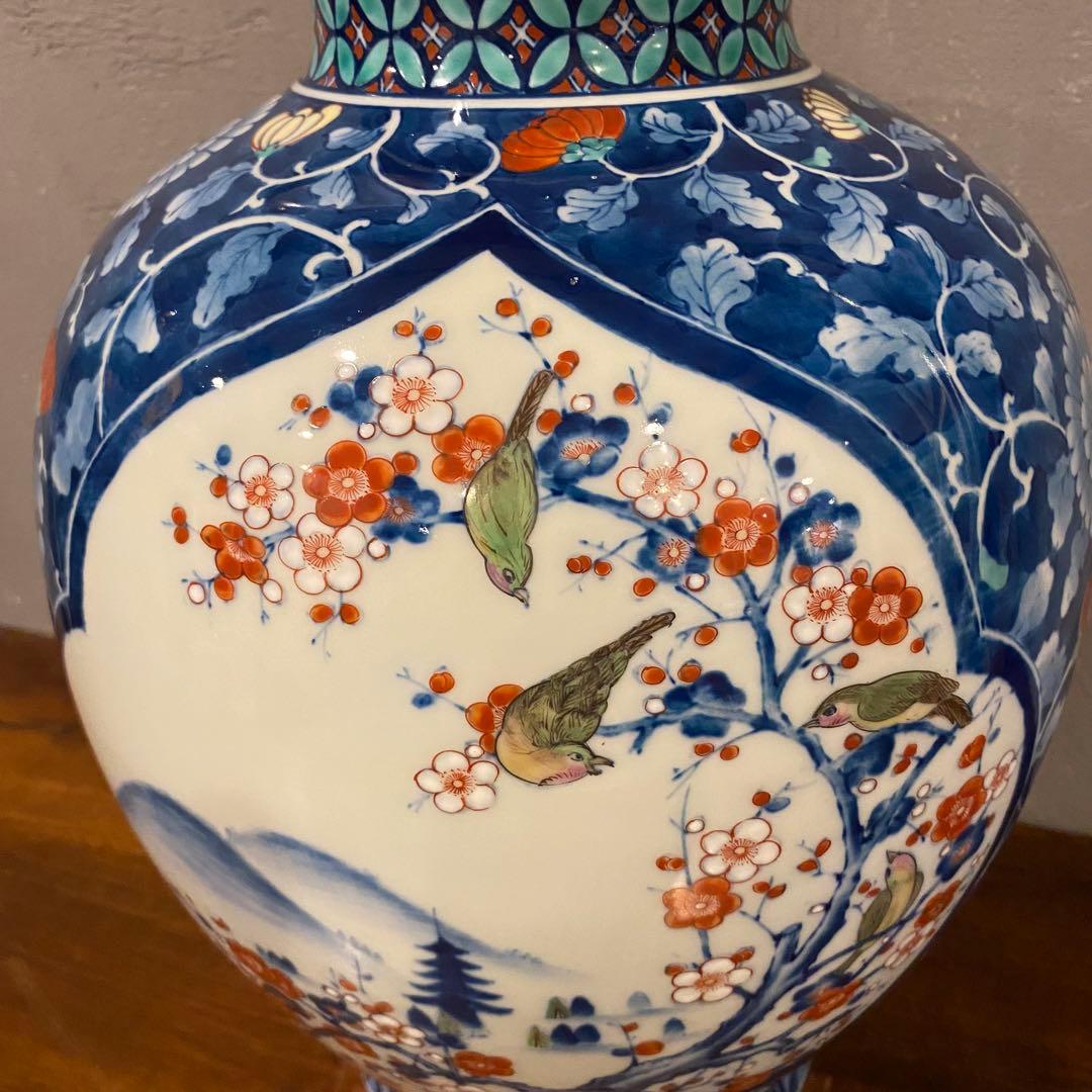 有田焼 池田視行作 二方割 花鳥文 大壺 36cm 骨董品 染