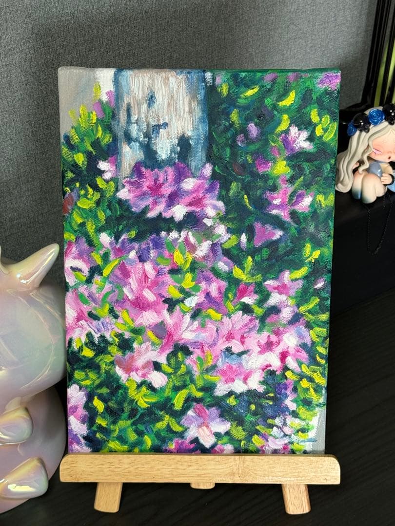 「陽光とツツジ」　手描き　油絵　風景画　原画　油彩画　印象派