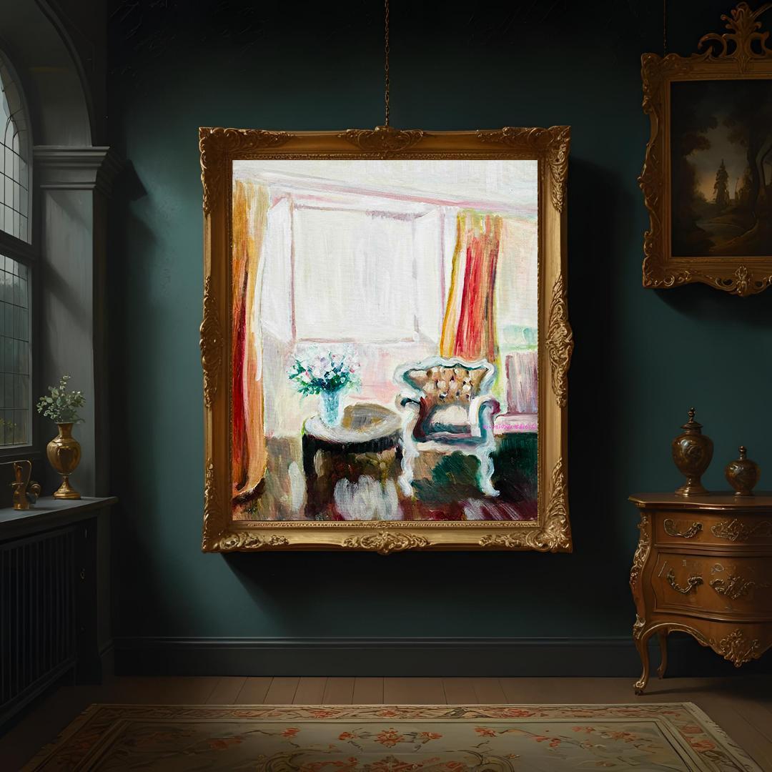 46×53㎝「窓辺の椅子とテーブル」油彩・額装（4枚面画像)・原画・