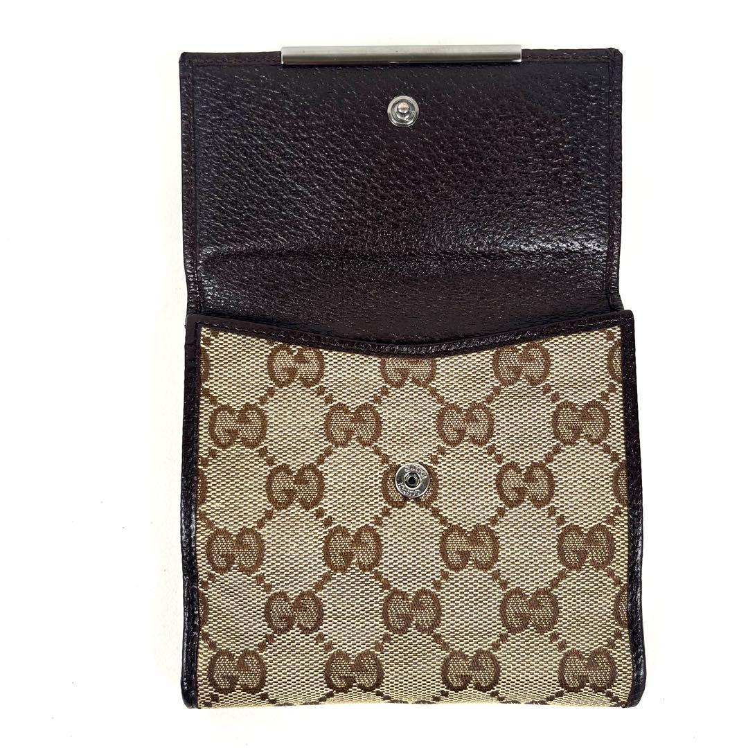 グッチ　折り財布　ロゴプレート　GGキャンバス　スクエア　コンパクト　レザー　美