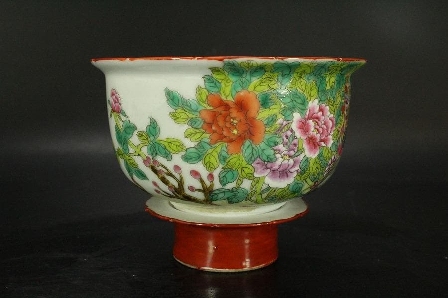中国美術 粉彩 花鳥紋 珊瑚釉 遊高台 洗 φ14cm 光緒年製(LC255)