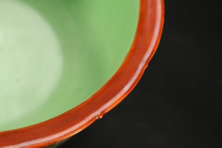 中国美術 粉彩 花鳥紋 珊瑚釉 遊高台 洗 φ14cm 光緒年製(LC255)