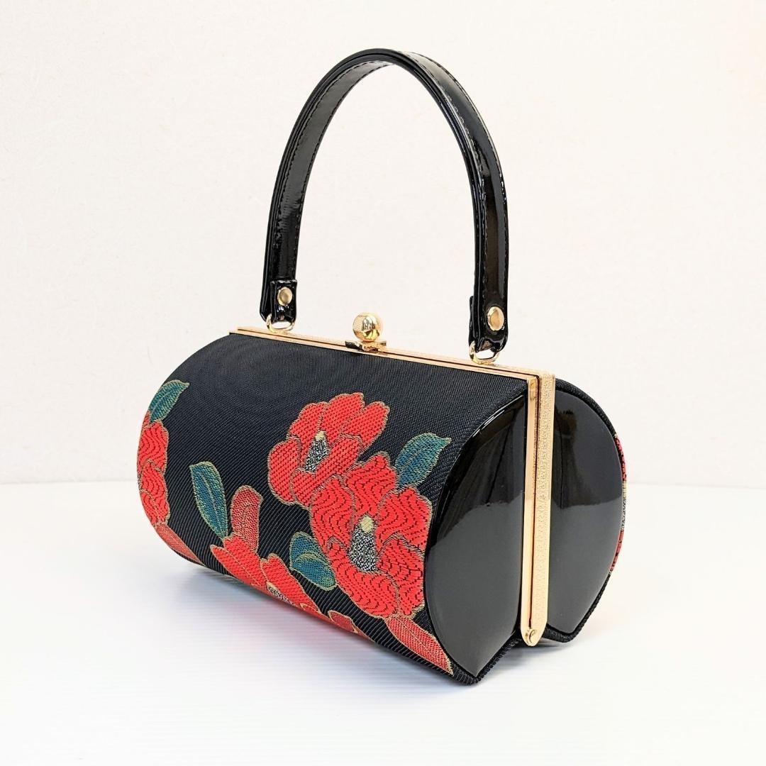 和装 草履バッグセット 振袖用 帯地 黒 椿 フリー w22-10