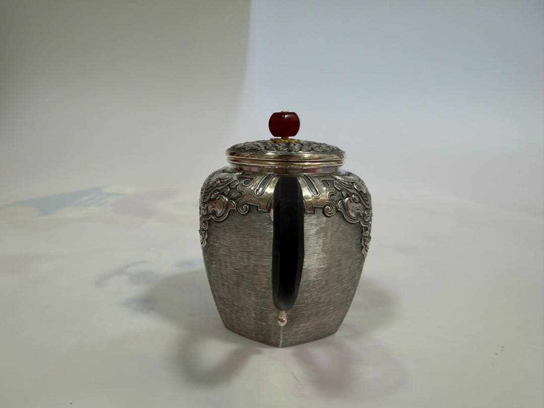 純銀製 六面取 饕餮文 玉石摘 急須 銀瓶 煎茶道具