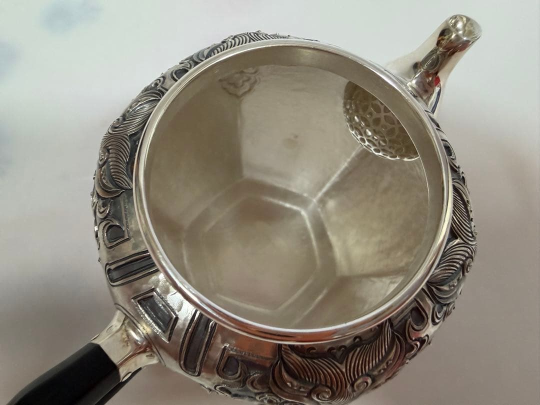 純銀製 六面取 饕餮文 玉石摘 急須 銀瓶 煎茶道具