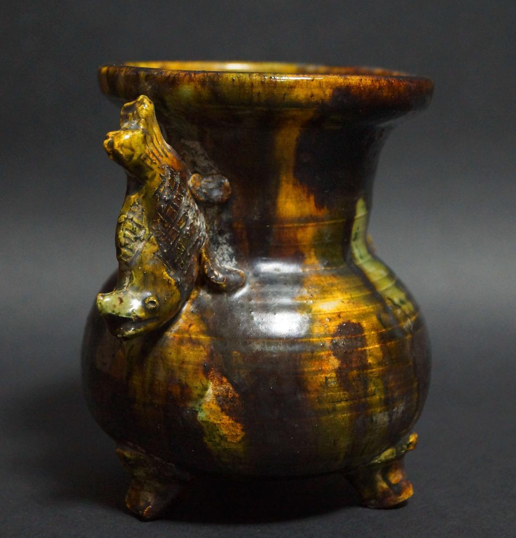 清 古交趾香炉 魚耳双耳 三つ足 箱付 茶事/茶道具☆