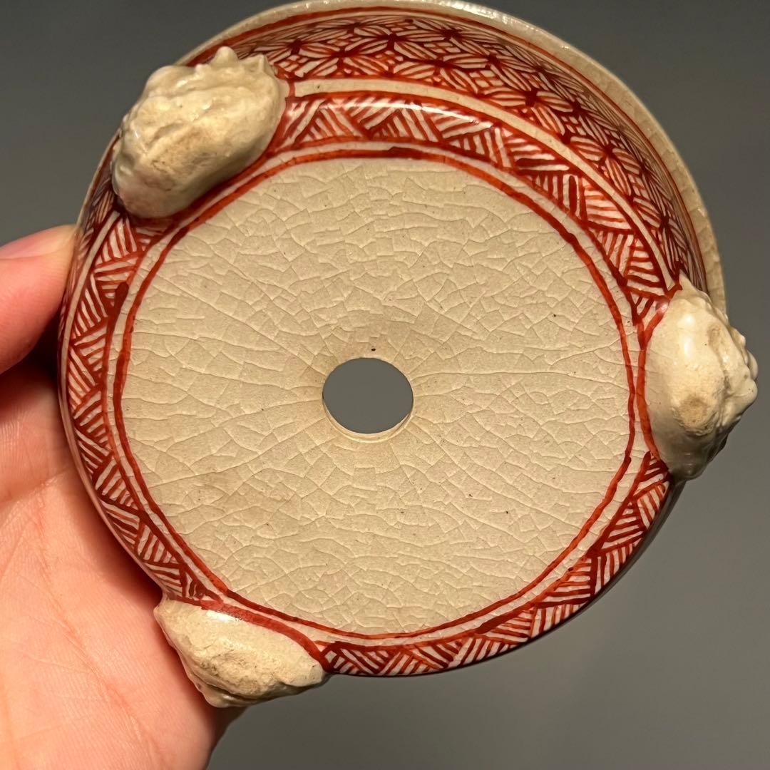 812.佐野大助 赤繪模様紋兽足丸 盆栽鉢 模木鉢 9.7*