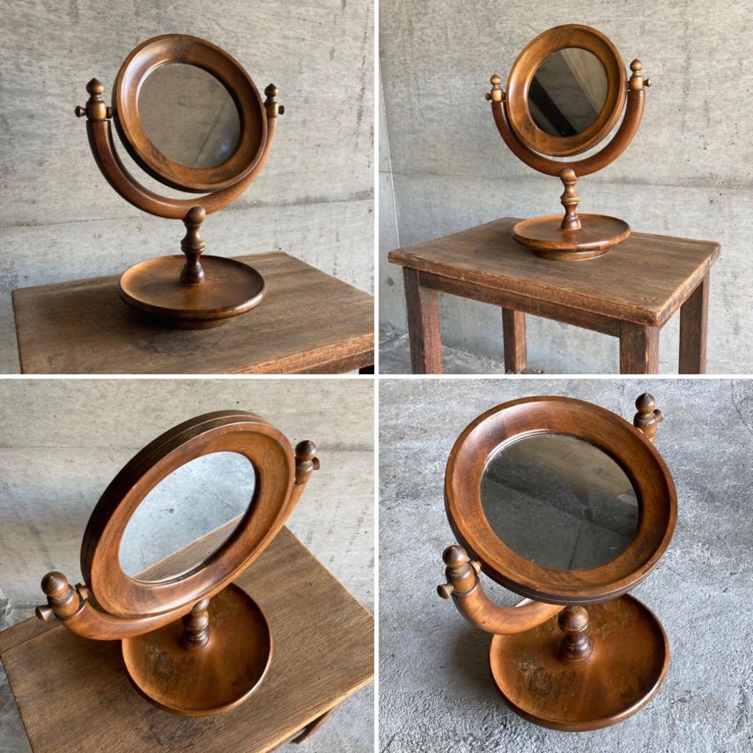 古い味のある卓上鏡 鏡台 ミラー 木製 回転式 丸型 民藝 レトロ