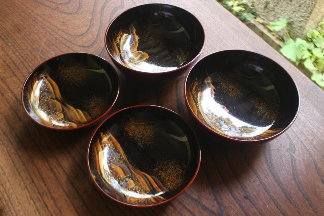 極小傷あり！時代紅溜塗に極上研ぎ出し波濤蒔絵の映えるお椀2点（検加賀蒔絵雑煮椀