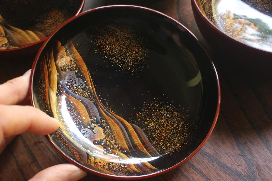 極小傷あり！時代紅溜塗に極上研ぎ出し波濤蒔絵の映えるお椀2点（検加賀蒔絵雑煮椀