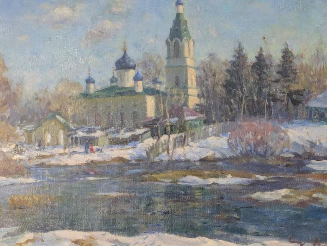 真作】絵画 油彩10号 冬の教会 ロシアの雪景色 箱・黄袋