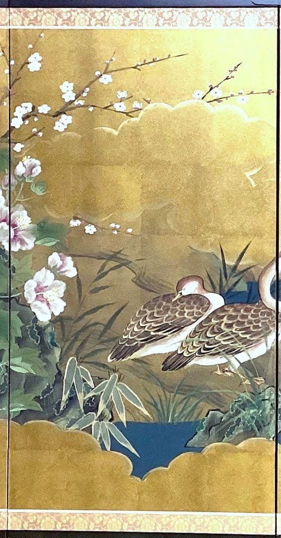 四つ折り屏風 日本画 金箔彩色 『鴨に梅・芙蓉』 - メルカリ