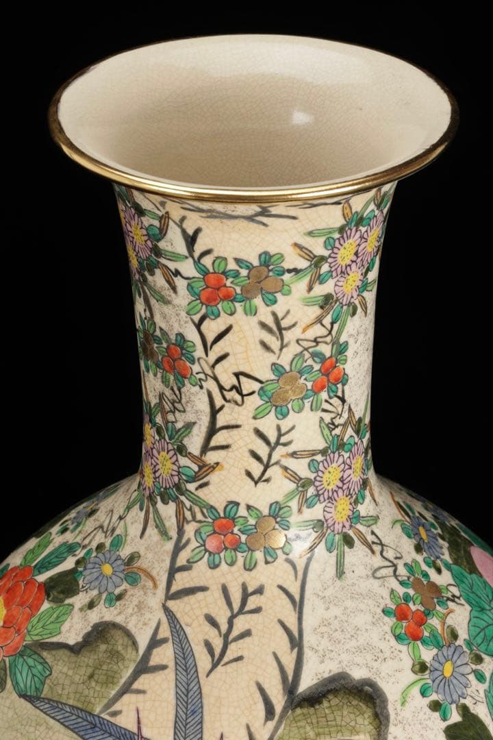 九谷焼 金彩色絵 花鳥図 大花瓶 飾壺 高さ46cm古美術品 骨董品