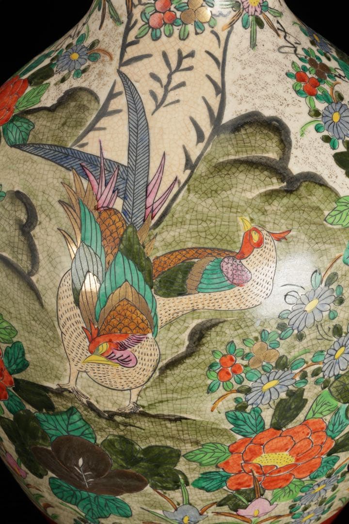 九谷焼 金彩色絵 花鳥図 大花瓶 飾壺 高さ46cm古美術品 骨董品