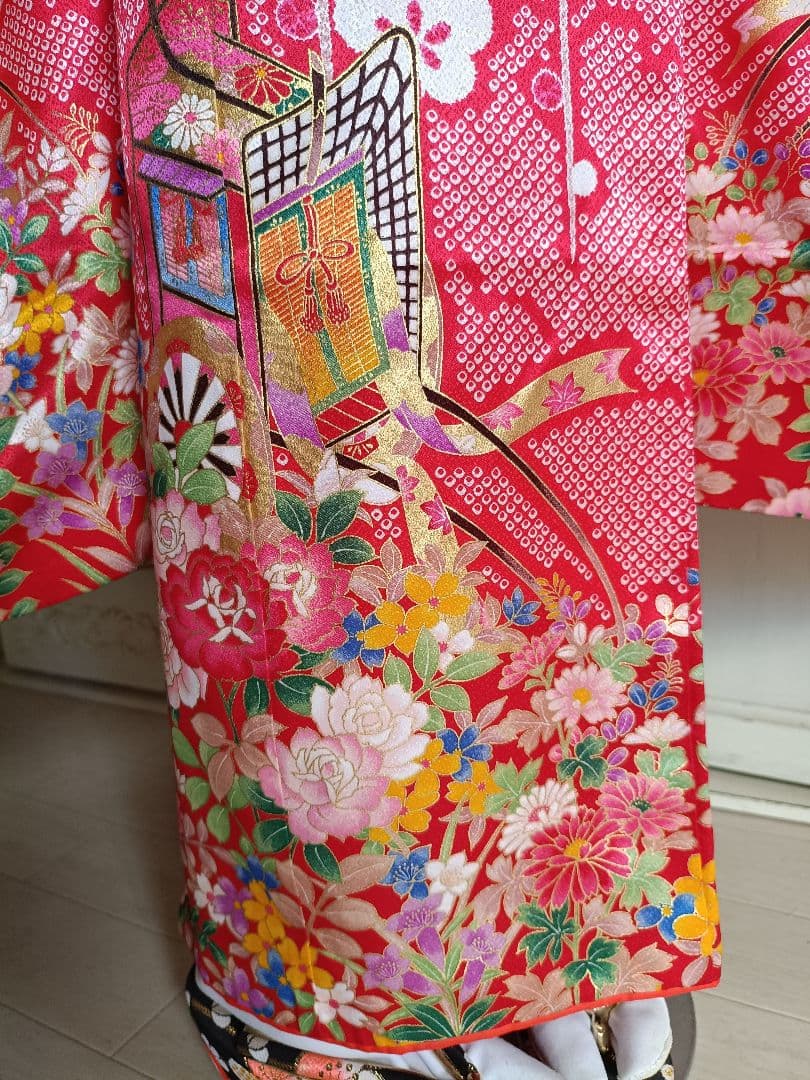 赤に鹿の子模様の着物に作り帯フルセット