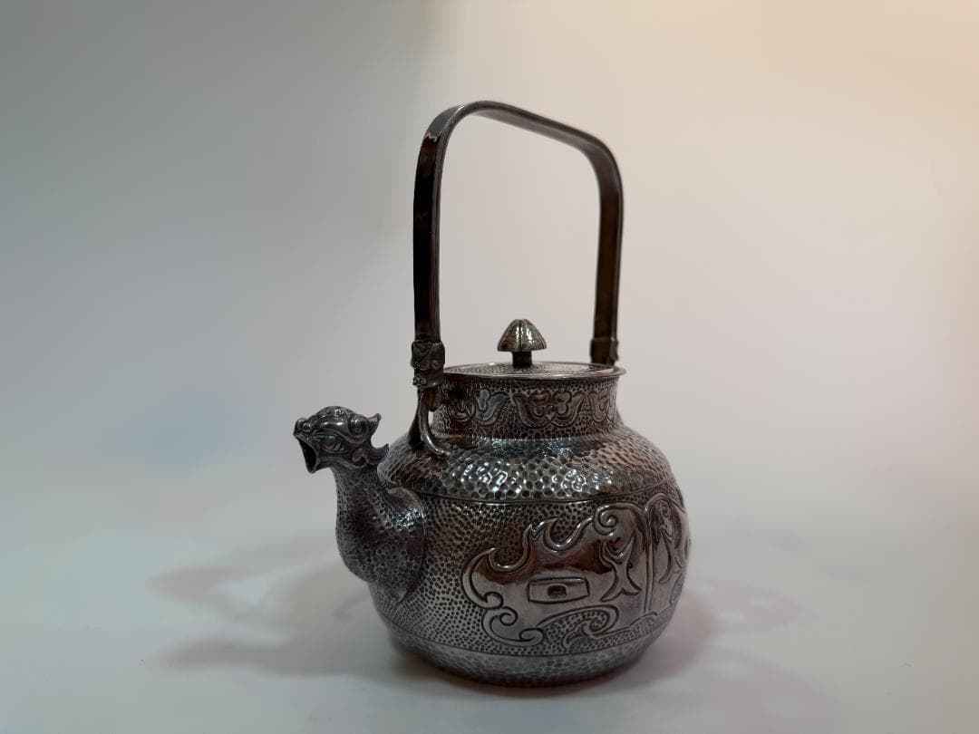 純銀製 獣口 饕餮文 湯沸 銀瓶 煎茶道具