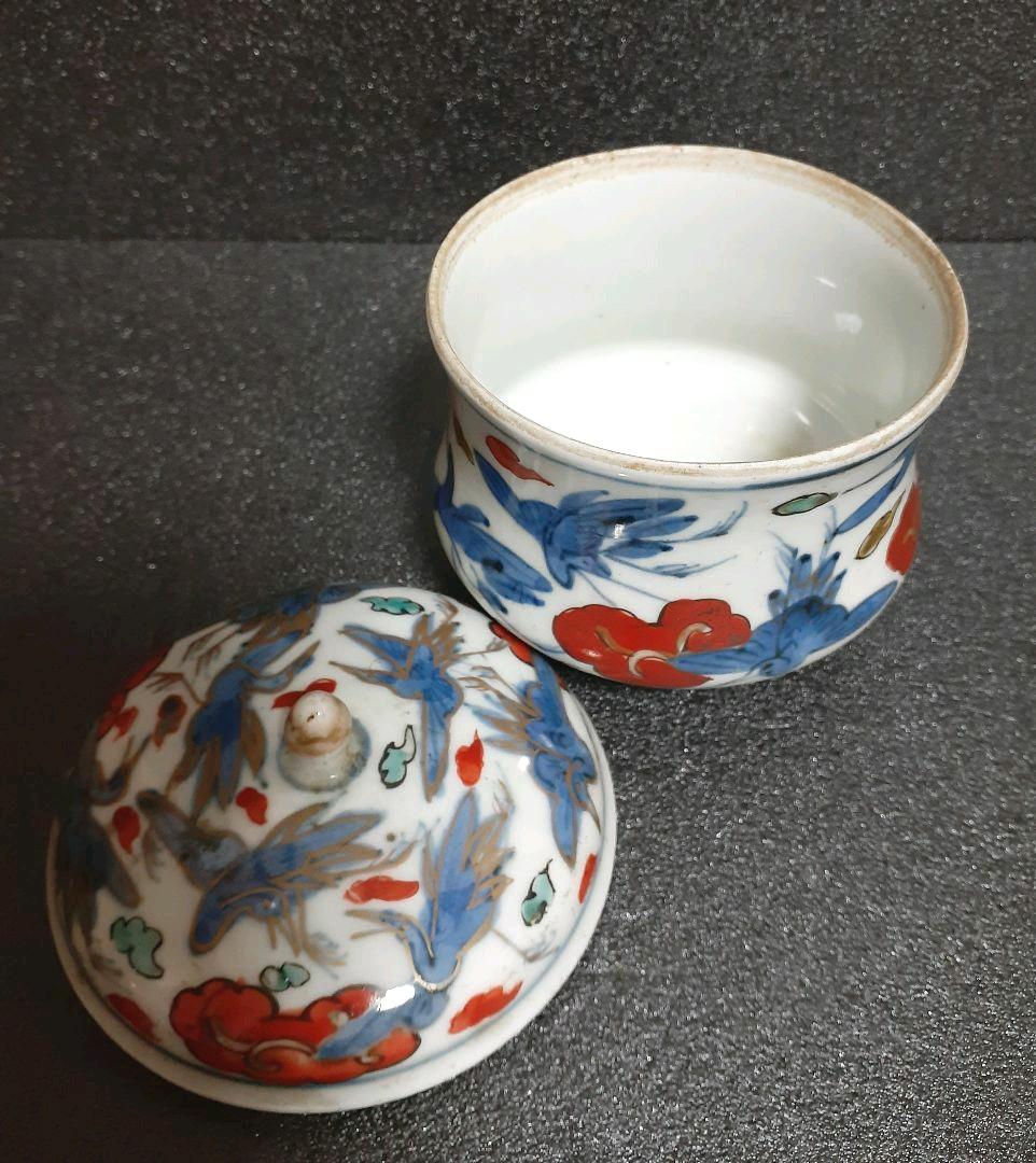 最も安い 江戸時代後期 古伊万里 染錦 雲鶴 15羽図 蓋付 キャンディー