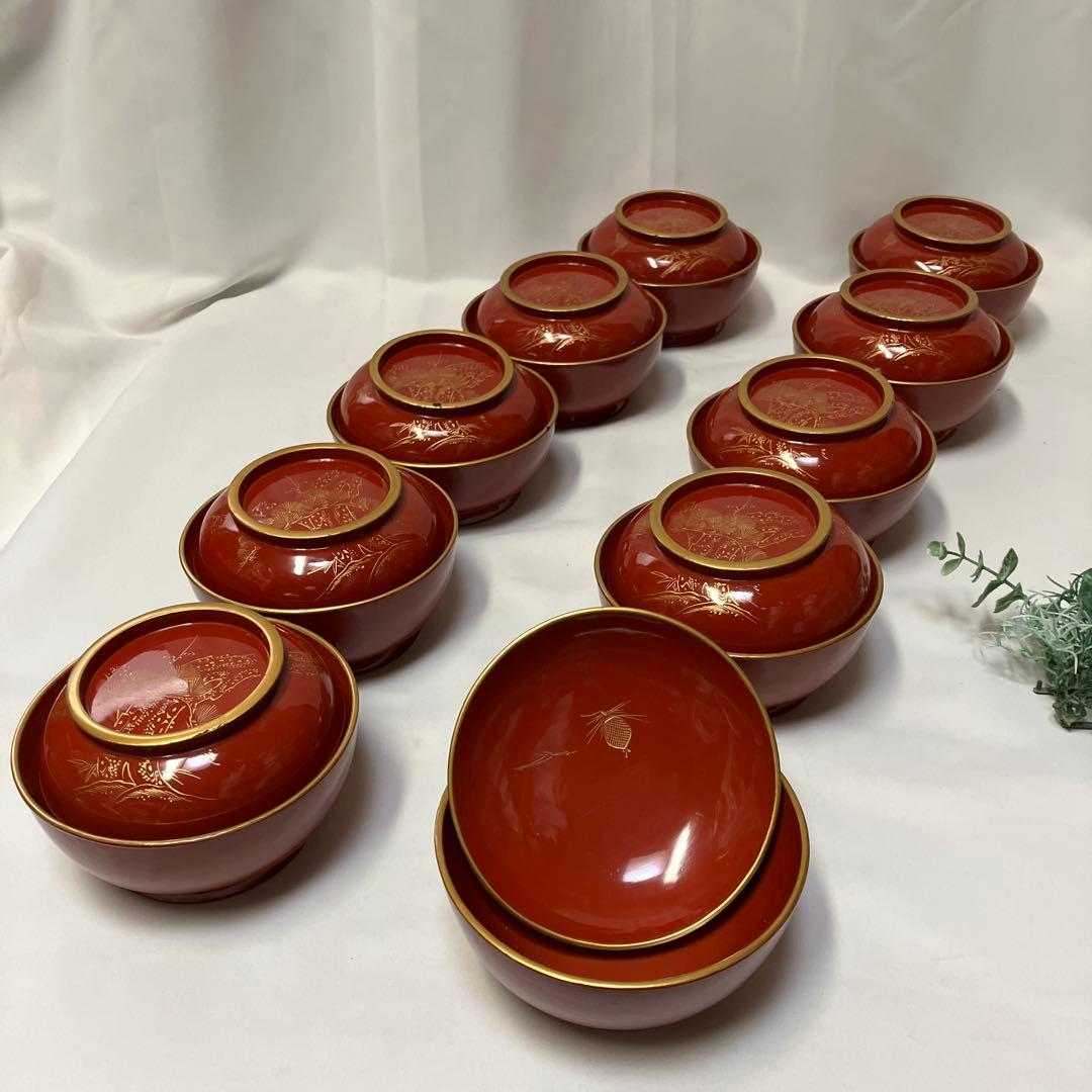 大正時代　木製漆器　蓋付汁椀　10客　菓子椀　松竹梅　漆沈金蒔絵 木箱付　雑煮椀