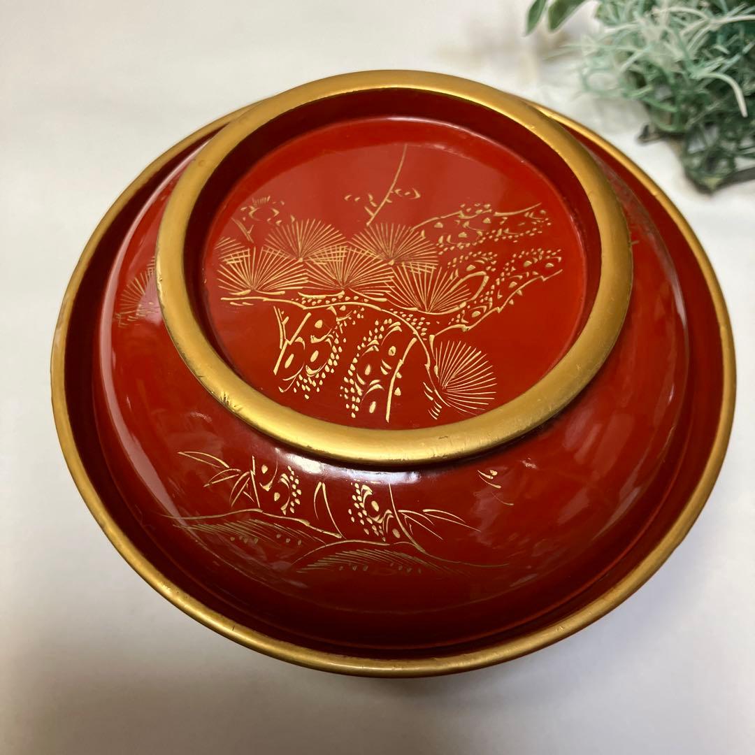 大正時代　木製漆器　蓋付汁椀　10客　菓子椀　松竹梅　漆沈金蒔絵 木箱付　雑煮椀