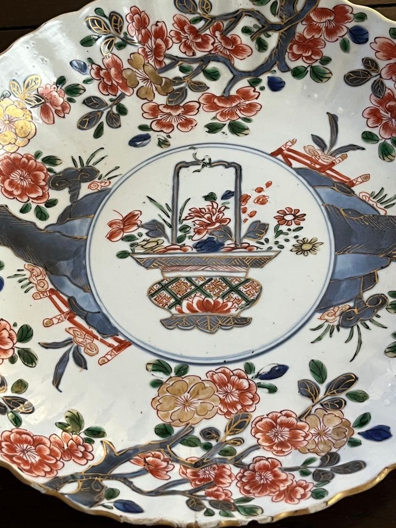 希少清朝初期 康熙年間 五彩 桜花輪花八寸皿 花籠 中国古玩