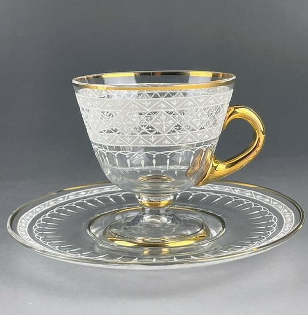 希少】白レース ハンドル付き 盛り上げ グラス カップ ソーサー