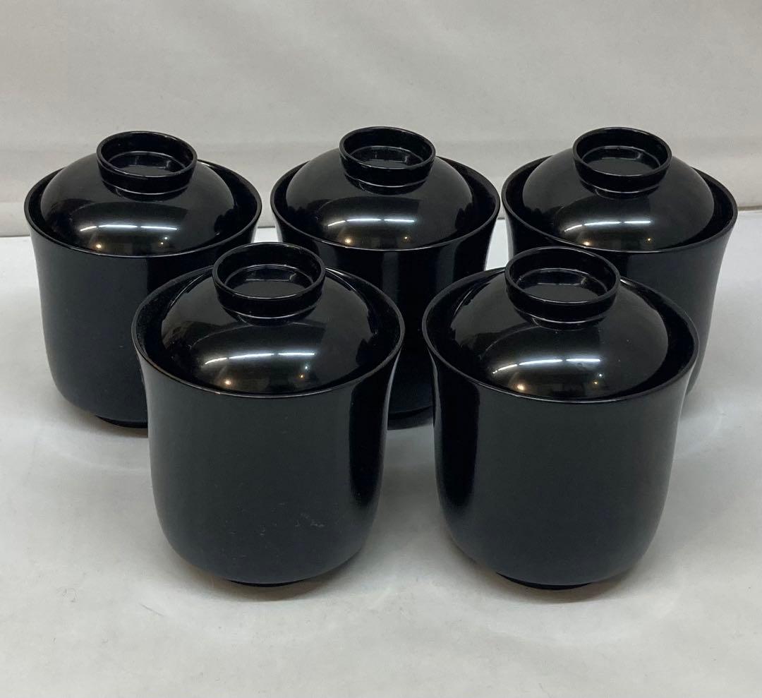 B6s「黒漆塗(内松葉図)小吸物椀 5個」共布 共箱(無地)