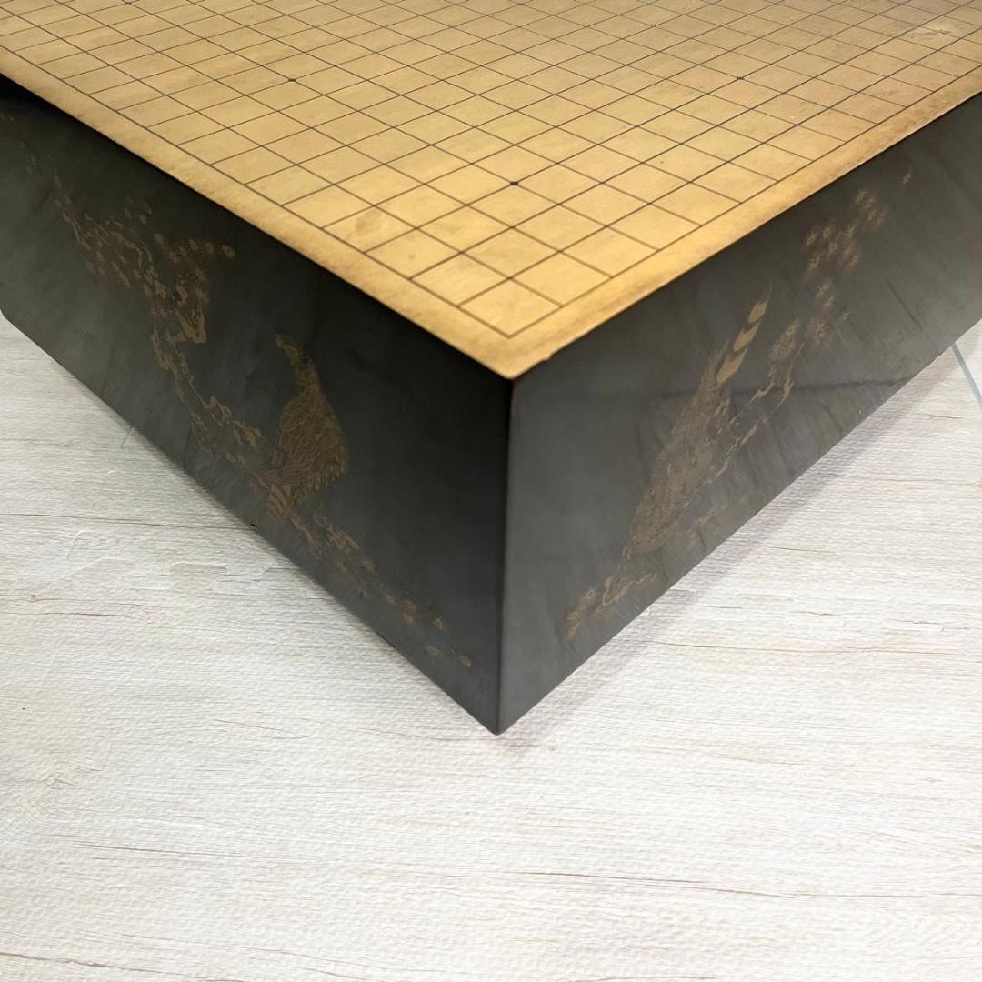 碁盤 黒漆塗 金蒔絵 鷹 松 柾目 高級 6寸盤 厚さ18㎝